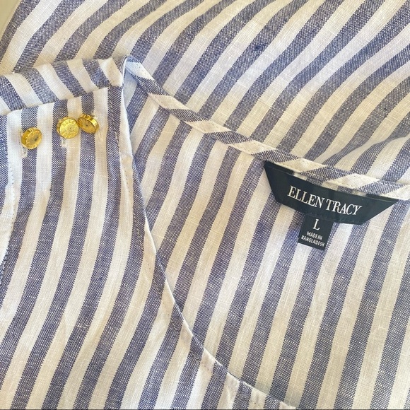 ELLEN TRACY Striped Linen Relaxed Blouse White Blue with Gold Shoulder Detail L - Picture 8 of 13